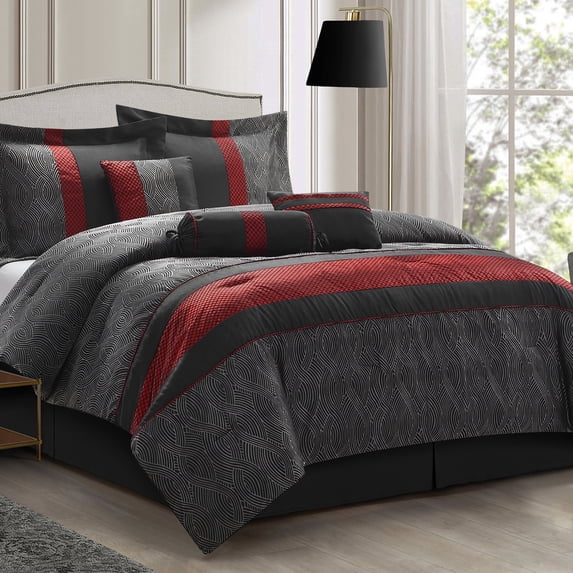 Lanco Swirl Black 7-Piece Bedding Comforter Set, Black Red Striped, Bed Size Full, 100% Polyester Fill