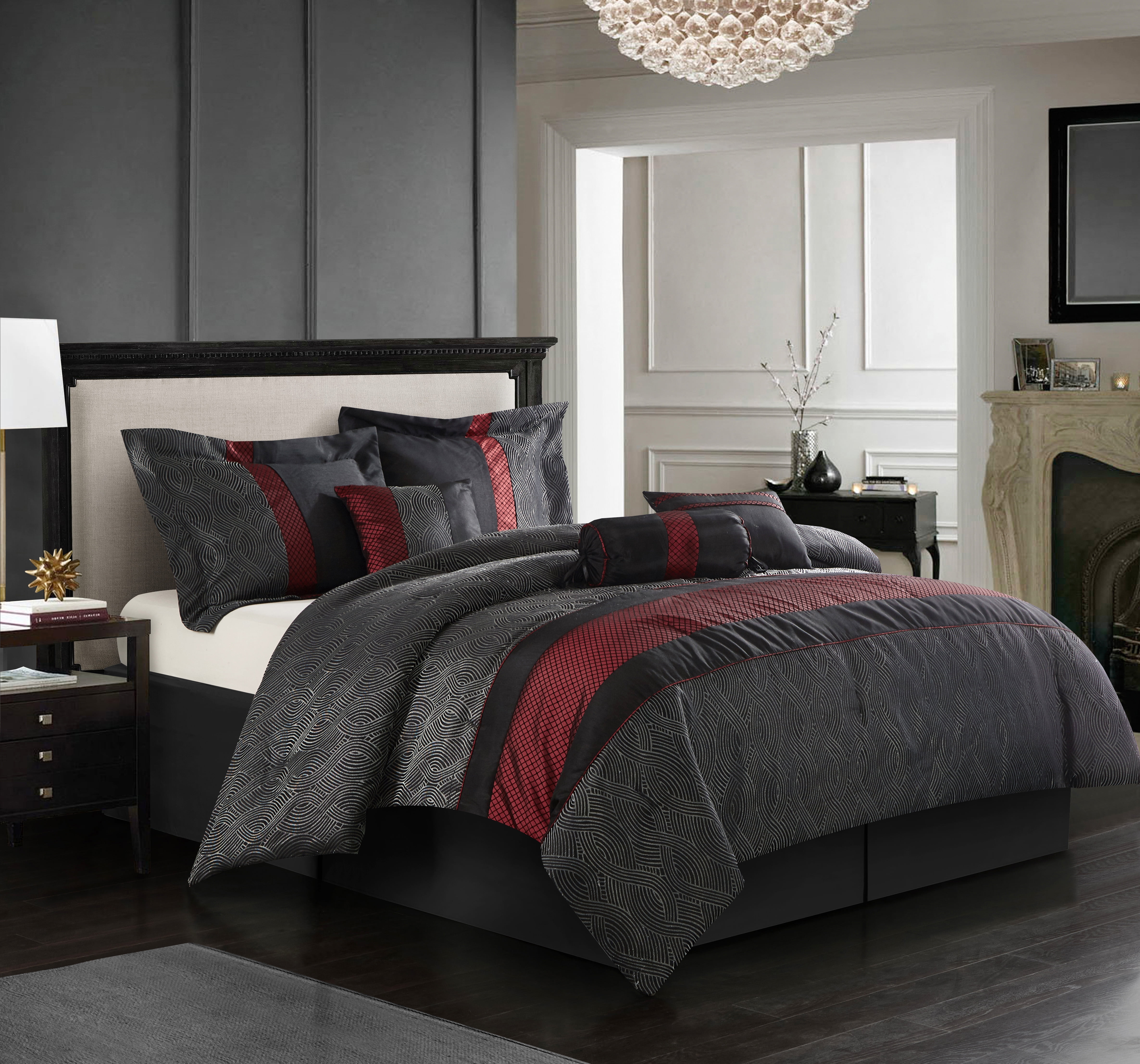 Lanco Swirl Black 7-Piece Bedding Comforter Set, Black Red Striped, Bed Size  King, 100% Polyester Fill 