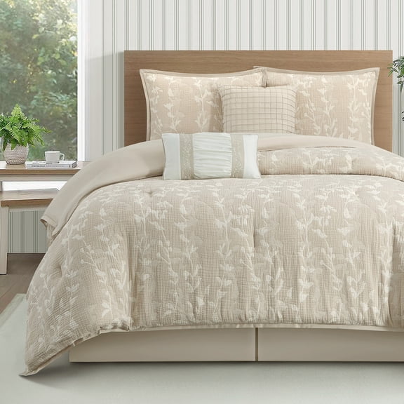 Lanco Taupe 6 Piece Comforter Set, Cotton Queen Size Jacquard Bedding Set, All Season Floral Leaves Bedding Set, Bedskirt, Pillows & Shams