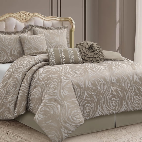 Lanco Taupe Comforter Set Queen Size, 7 Pieces Jacquard Bedding Set, Floral Design, All Season