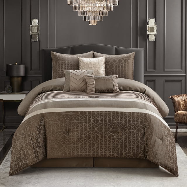 Lanco Taupe Comforter Set Queen Size , Geometric Bedding Set , Jacquard ...