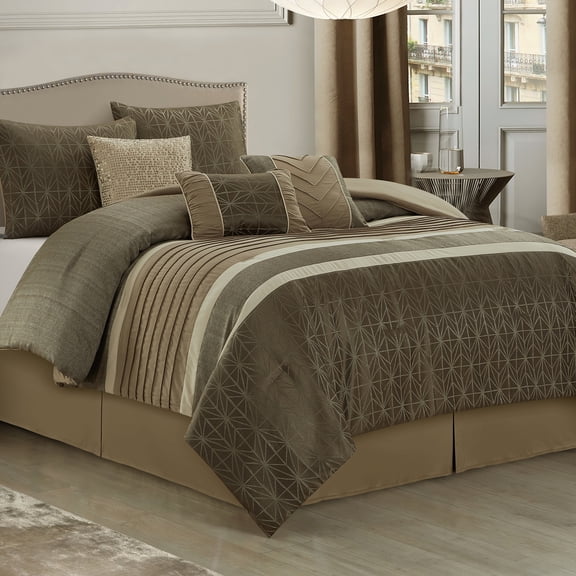 Lanco Taupe Comforter Set Queen Size , Geometric Bedding Set , Jacquard with Matching Solid Piecework