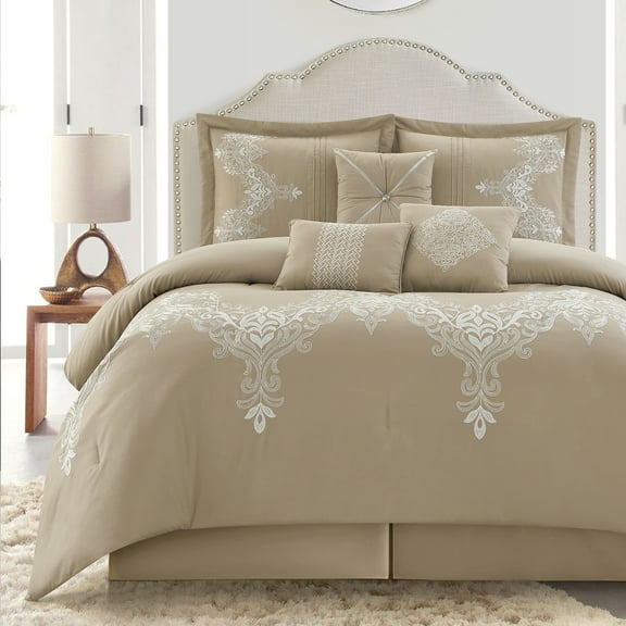 Lanco Taupe Damask Patchwork Queen Size Comforter Set, 7 Piece, Chain Stitching Embroidery Ultra Soft, Premium Microfiber, All Season