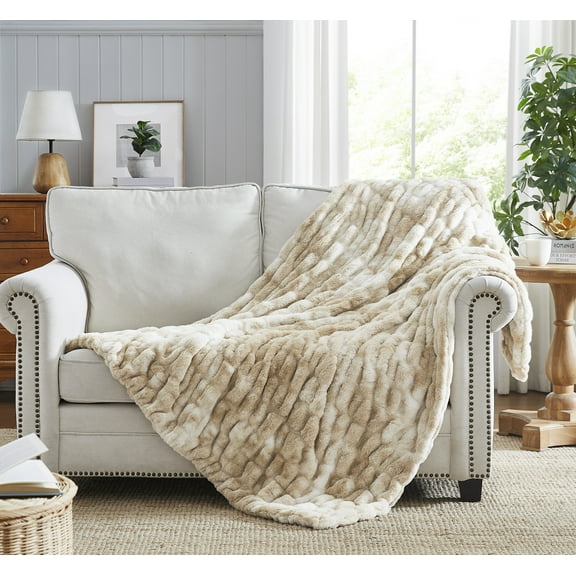 Lanco Taupe Double Sided Halle Faux Rabbit Fur Blanket, Ultra-Soft & Cozy, Size 50"x60", Good For Living Room, Bedding Room