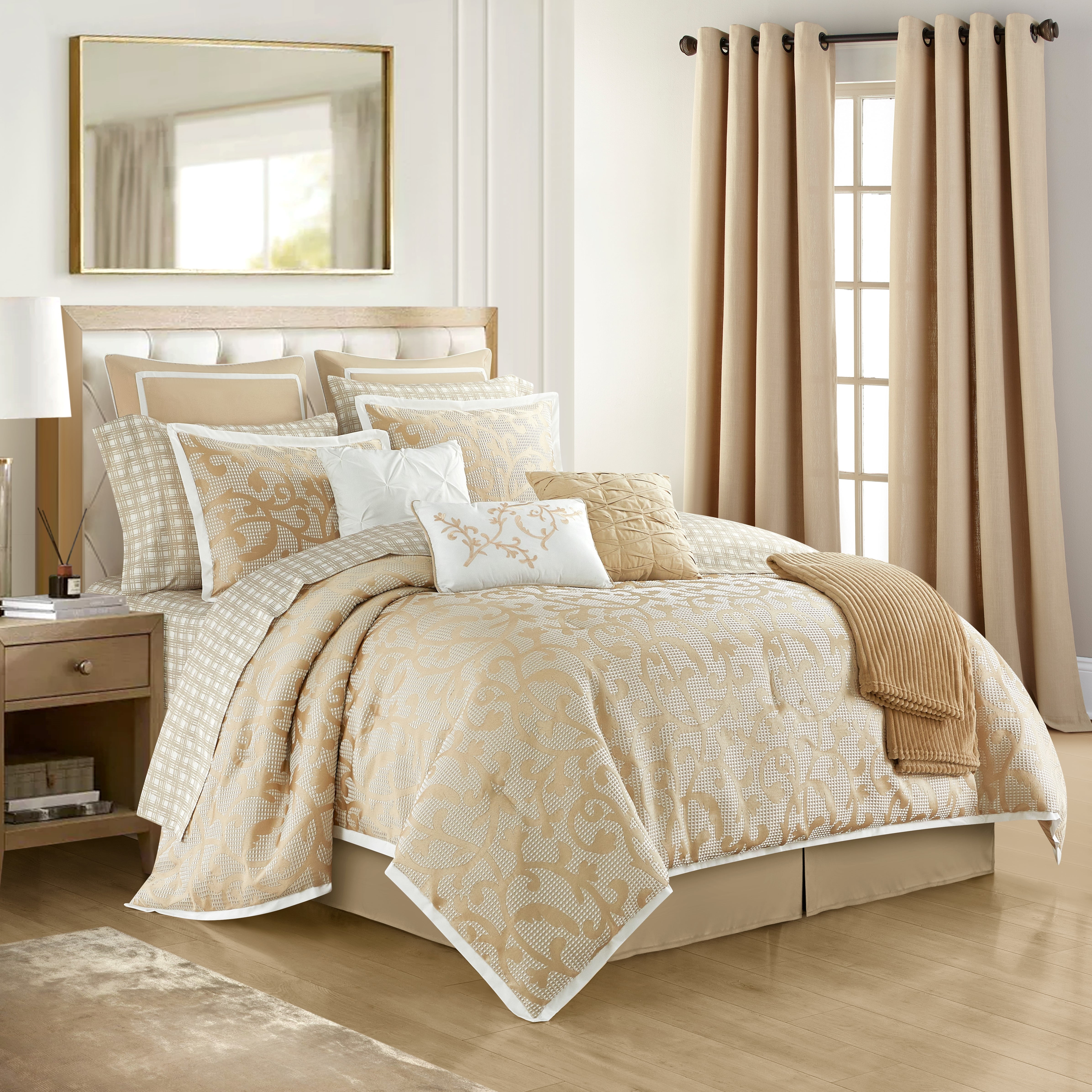 Taupe Jacquard King Microfiber Comforter Set, 14 Pieces
