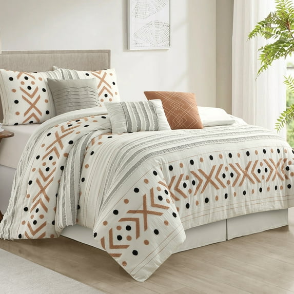 Lanco Taupe Terry Embroidery Comforter Set California King Size, 7 Piece Geometric Bedding Set, All Season Home Decor, Matching Pillow Shams, Bedskirt, Decorative Pillows
