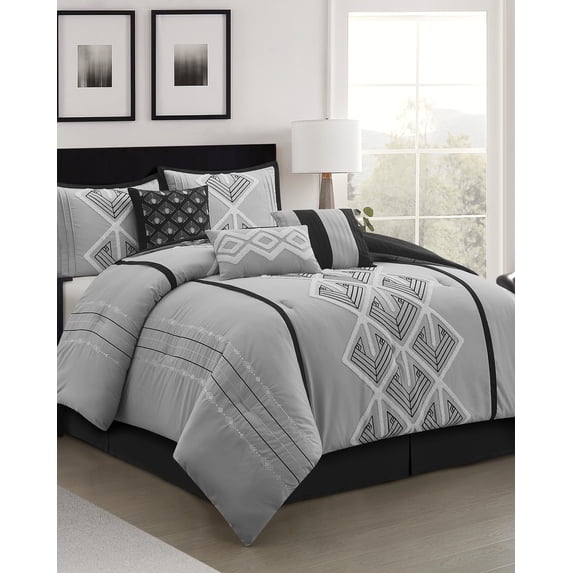 Lanco Terry Embroidery 7 Piece Comforter Set, Black/Grey, Queen, Geometric, 100% Polyester & Fill