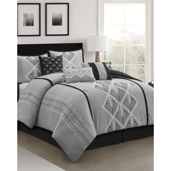 Lanco Terry Embroidery 7 Piece King Comforter Set, Black/Grey, Geometric, Terry Embroidery Ultra Soft, 100% Polyester & Fill
