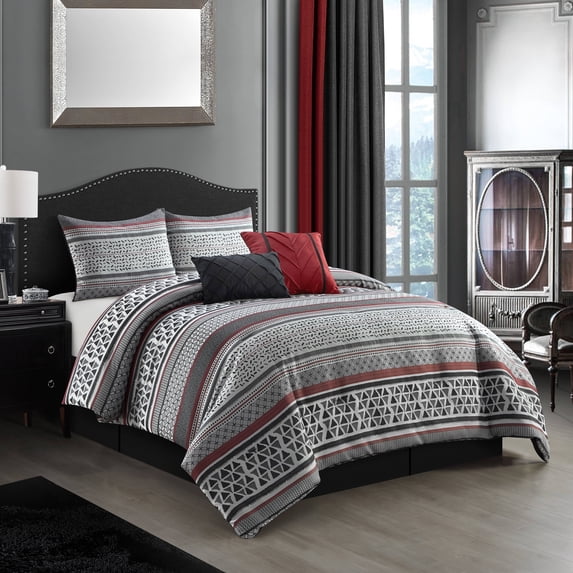 Lanco Tribal Stripes 6 Piece Comforter Set Grey, Bed Size King, Fill Polyester, Geometric