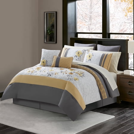 Lanco Tulip Floral Bed in a Bag 12-Piece Bedding Comforter Set, Yellow, Bed Size Queen, Fill Polyester