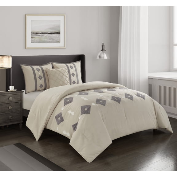 Lanco Vicky Geometric 3-Piece Comforter Set, Size Twin, Ivory, 100% Polyester Fill, All Season