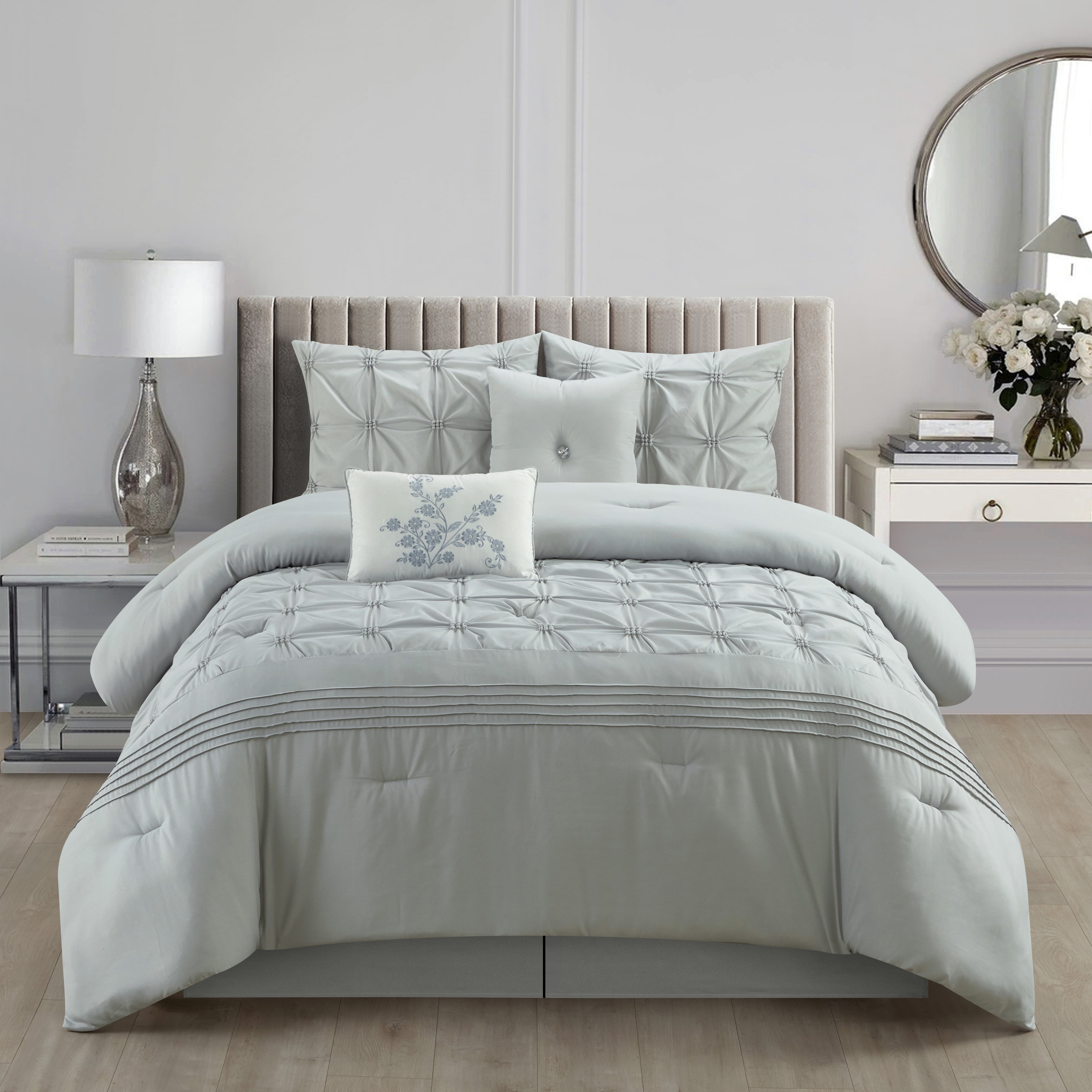 Lanco Vina Floral 6 Piece Comforter Set Grey, Bed Size California King, Fill Polyester, Solid Color, Ultra Soft