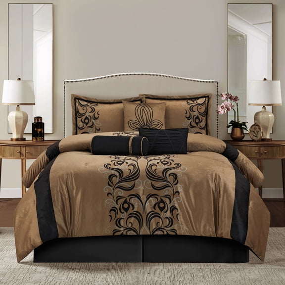 Lanco Vivica Jacquard 7-Piece Comforter Set, Brown, Queen, Fill Polyester, Abstract