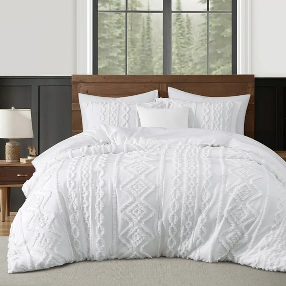 Lanco White Comforter Set King Size, Boho 3 Piece Clipped Jacquard Bedding Set, All Season Geometric Bedding Set, Matching Pillow Shams