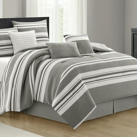Lanco White & Grey 7 Piece Comforter Set King Size, Jacquard Striped Bedding Set, All Season, Matching Bedskirt, Pillows & Shams