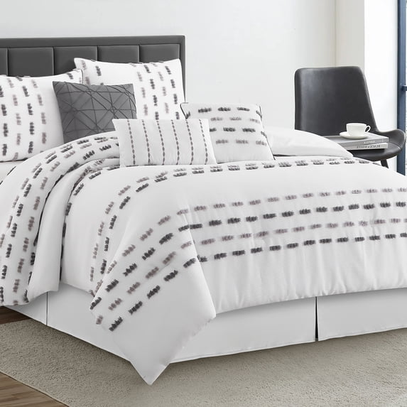 Lanco White Grey Comforter Set King Size , 7 Piece , Clip with Waffle Base Fabric Bedding Set , All Season