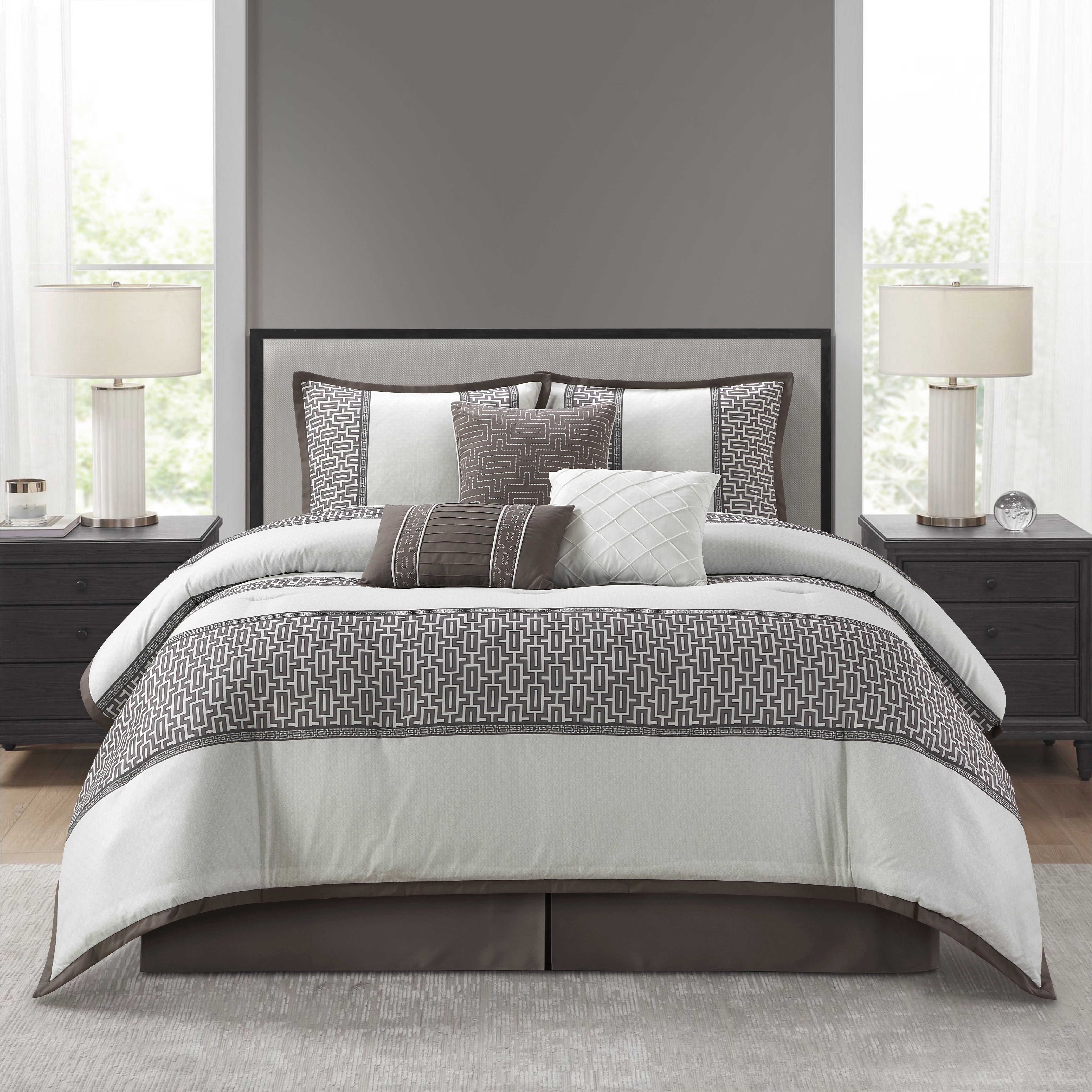 Gray and White Geometric Microfiber Queen Comforter Set, 7 Pieces