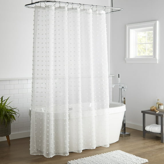 Lanco White Pom Pom Sheer Woven Shower Curtain, 72” x 72” 12 Buttonholes