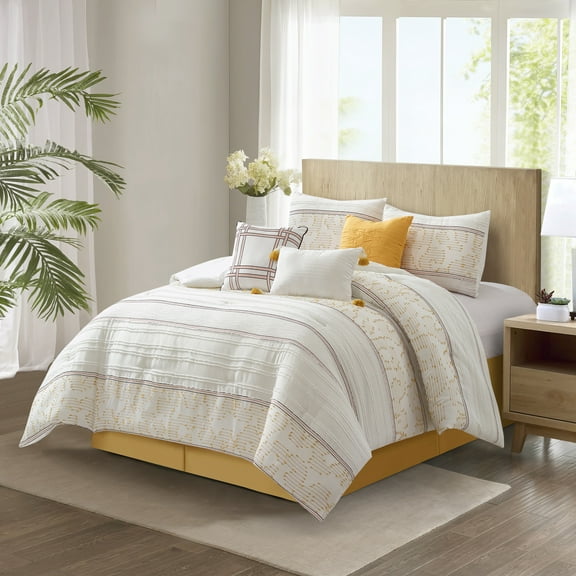 Lanco White Yellow Jacquard Comforter Set King Size, 7 Piece Striped Bedding Set, All Season Home Decor, Matching Pillow Shams, Bedskirt, Decorative Pillows