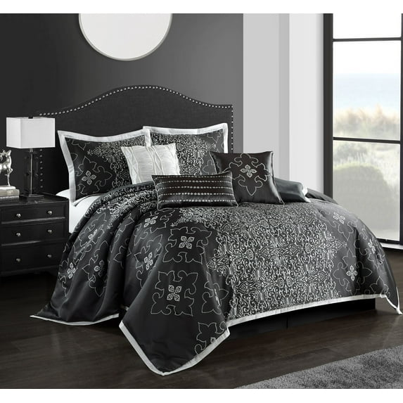 Lanco Willie Damask 7-Piece Comforter Set, Charcoal, Queen, Fill Polyester