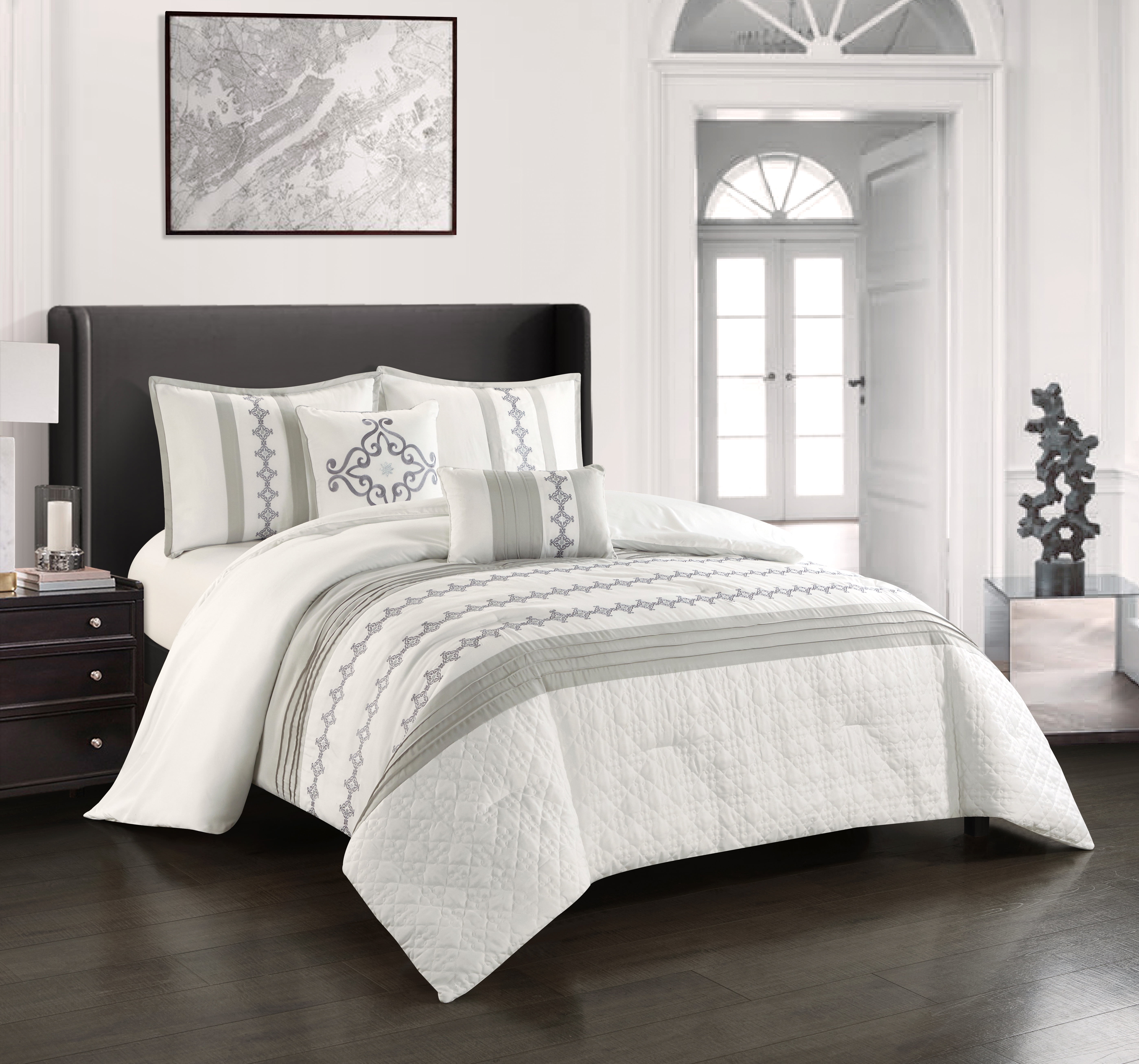 Lanco Zoey Damask 5-Piece Comforter Set, White/Grey, King, 100% Polyester Fill