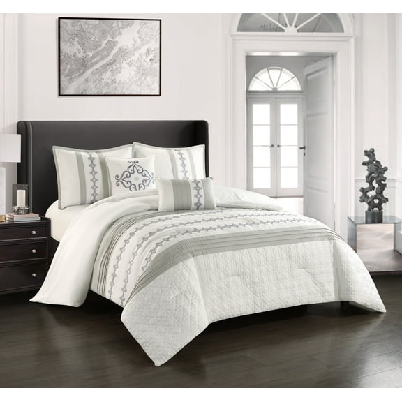 Lanco Zoey Damask 5-Piece Comforter Set, White/Grey, King, 100% Polyester Fill