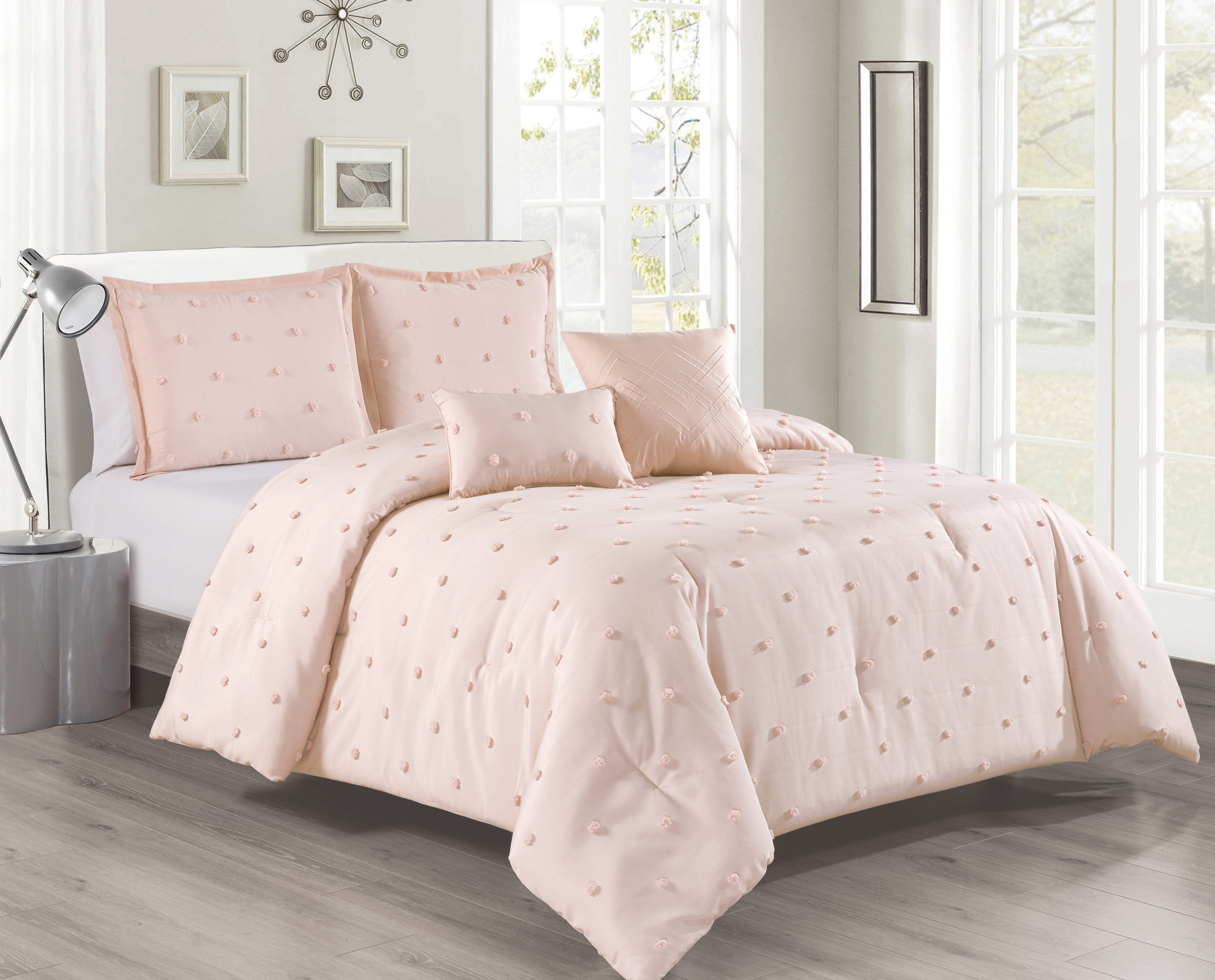 LancoBlush Dots Bed Comforter King Set , 5 Piece , Microfiber Clip Bedding Comforters & Sets , Solid, 100% Polyester & Fill