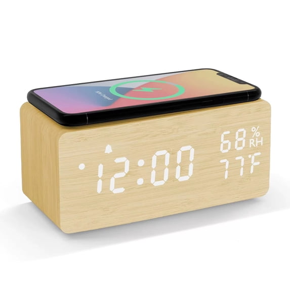Lancoon Wooden Digital Alarm Clock with Sound Control LED Wireless Charging Temperature and Humidity Display Adjustable Brightness for Bedroom Home Office (Yellow)