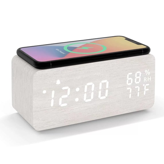 Lancoon Wooden LED Alarm Clock with Wireless Charging Temperature and Humidity Display Calendar Adjustable Brightness Sound Control for Bedroom Home Office (White)