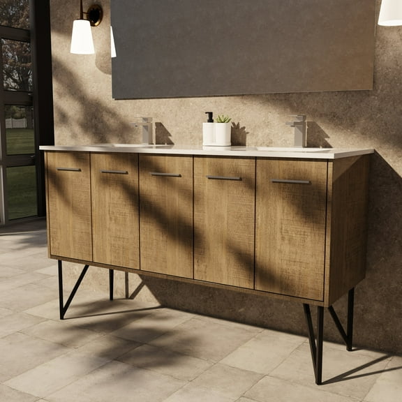 Lancy 60 in W Rustic Acacia Double Bath Vanity, Cultured Marble Top and 55 in Mirror