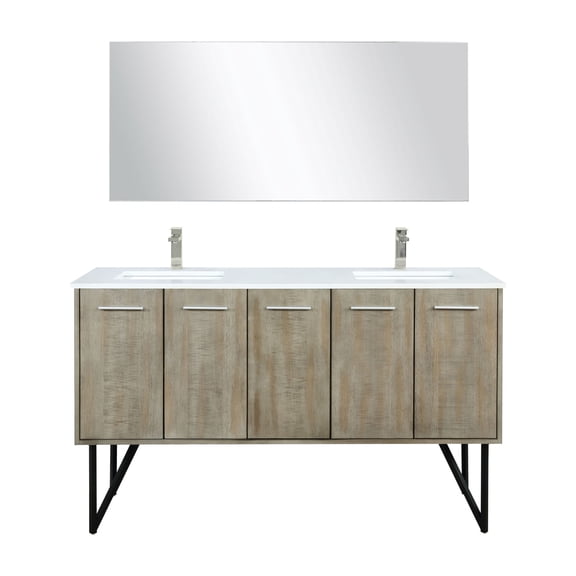 Lancy 60 in W Rustic Acacia Double Vanity, Cultured Marble Top, Faucet Set & 55 in Mirror