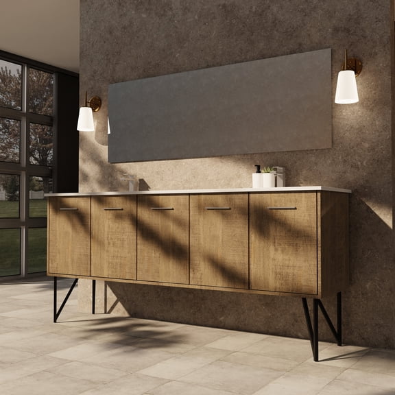 Lancy 80 in W Rustic Acacia Double Vanity, Cultured Marble Top, Faucet Set & 70 in Mirror