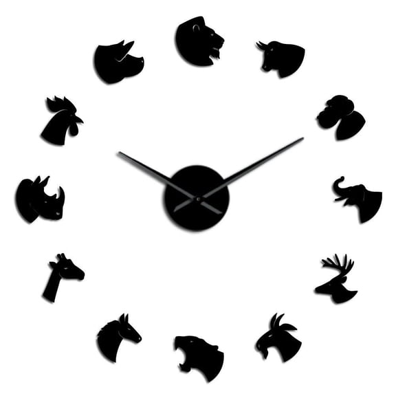 Land Animals Face Acrylic Simple DIY Wall Clock Lion Tiger Elephant Horse Animal Heads Quartz Mirror Effect Sticker Clock Watch(Black,27inch)