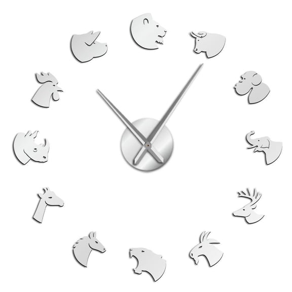 Land Animals Face Acrylic Simple DIY Wall Clock Lion Tiger Elephant Horse Animal Heads Quartz Mirror Effect Sticker Clock Watch(Silver,27inch)