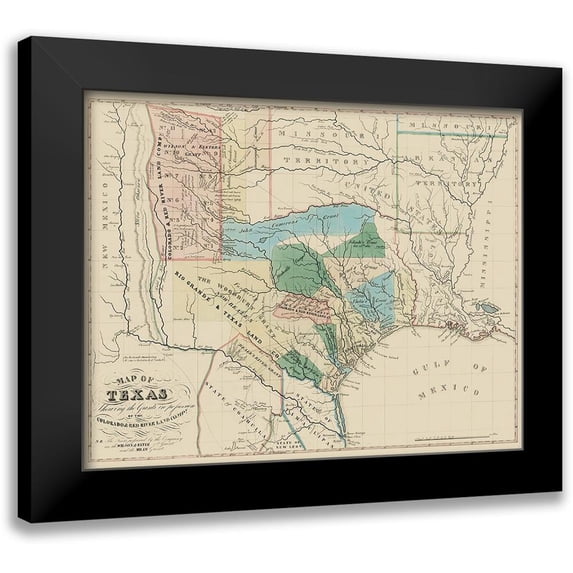Land Co 18x15 Black Modern Framed Museum Art Print Titled - Texas, Colorado, with Red River Land Grants 1821