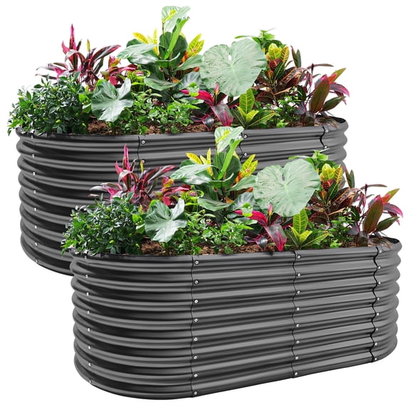 Land Guard 2packs 8×4×2ft Raised Garden Bed,Outdoor Galvanized Planter Boxes, Oval Large Metal Raised Garden Beds for Vegetables (Deep Grey)