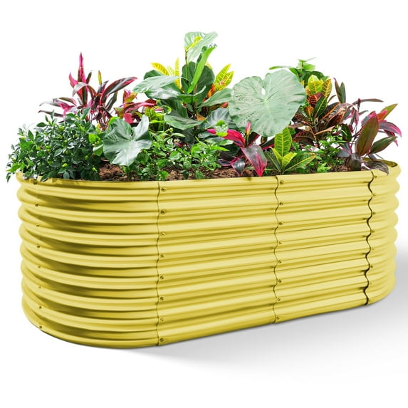 Land Guard 6x3x2ft Galvanized Metal Raised Garden Bed,Oval Planter Box Outdoor - Mustard Yellow