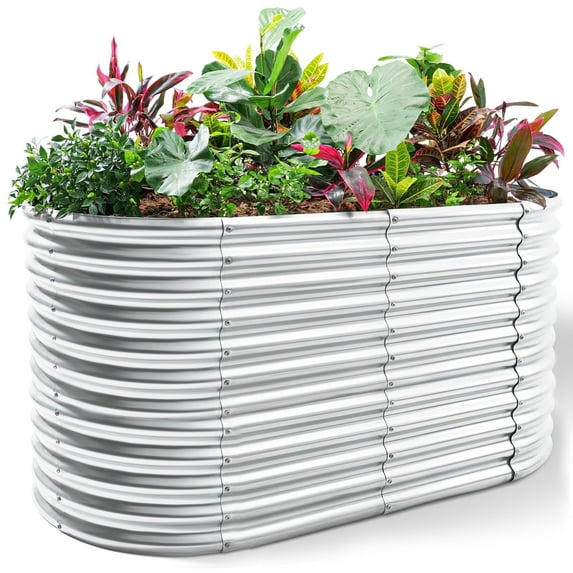 Land Guard 8x4x3ft Raised Garden Beds Oval Outdoor,Easy Assembly Durable Deep Raised Garden Bed 3ft Tall,Galvanized Metal Planter Box for Vegetables,Starlight Silver