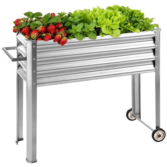 Land Guard Mobile Galvanized Raised Garden Bed with Legs & Wheels, 36''×12''×35'' Large Metal Elevated Raised Planter Box for Backyard, Patio, Balcony, 400lb Capacity(Sliver)