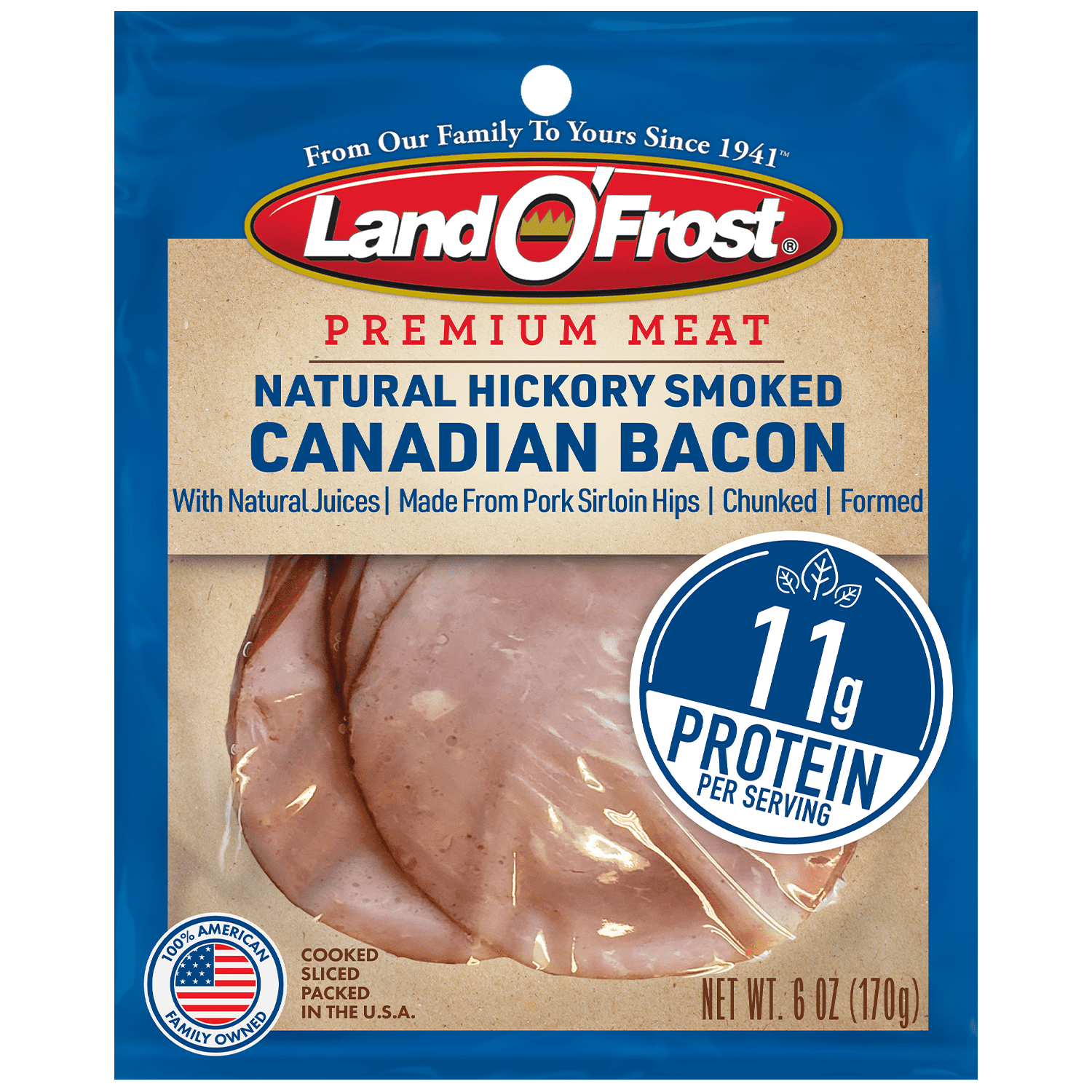 Land O'Frost Premium Meat, Sandwich Sliced Deli Lunch Meat Natural Hickory Smoked Thick Cut Fully Cooked Canadian Bacon 6 oz Resealable Pouch