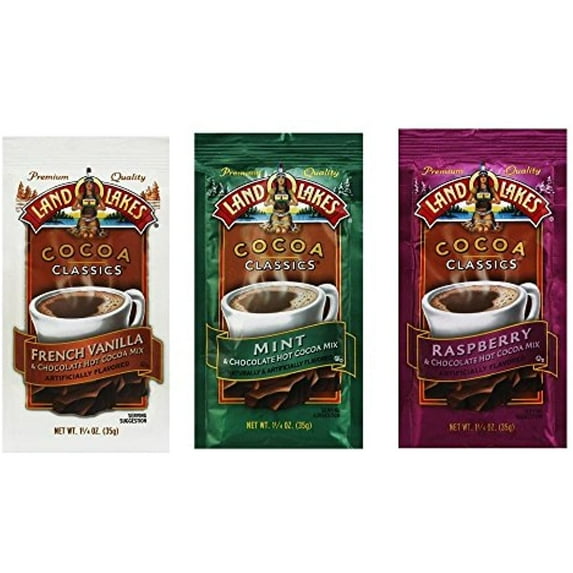 Land O Lakes Hot Chocolate Cocoa Classics Premium Mix 3 Pack Bundle - I Box French Vanilla, 1 Box Mint & 1 Box Raspberry With Chocolate Hot Cocoa Mix (36 Counts)