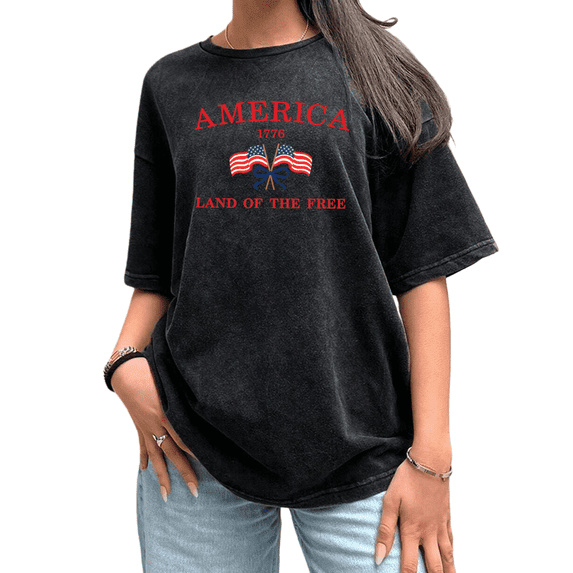 Land Of The Free 1776 USA Flag Bow Womens Vintage Washed Black T-Shirt S-2XL Tops