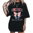thumbnail image 1 of Land Of The Free America Bow 4th Of July Womens S-5XL Graphic Short Sleeve T-Shirt Black Tops, 1 of 5