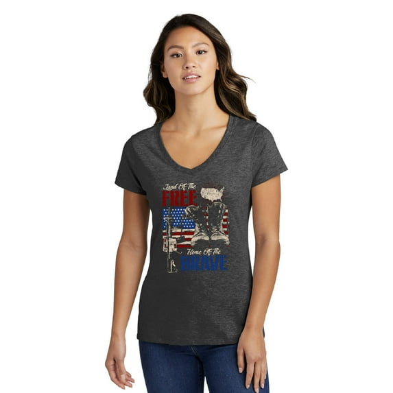 Land Of The Free Home of the Brave Ladies' Short Sleeve Soft Feel V-Neck Veterans Day T-shirt