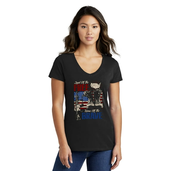 Land Of The Free Home of the Brave Ladies' Short Sleeve Soft Feel V-Neck Veterans Day T-shirt