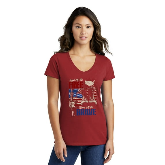 Land Of The Free Home of the Brave Ladies' Short Sleeve Soft Feel V-Neck Veterans Day T-shirt