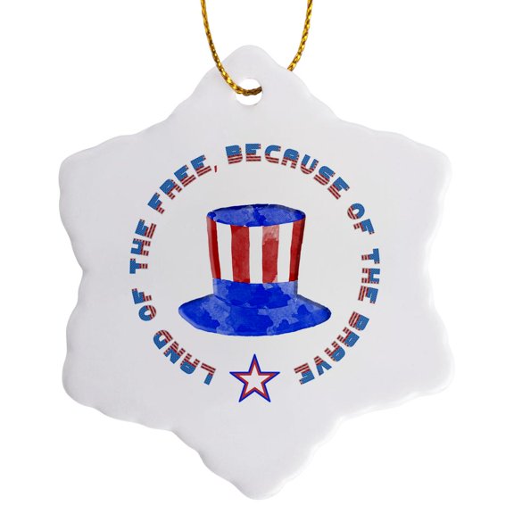 3drose, Land of the Free Independence Day Elegant Patriotic Gift for You, 3 inch Snowflake Porcelain Ornament