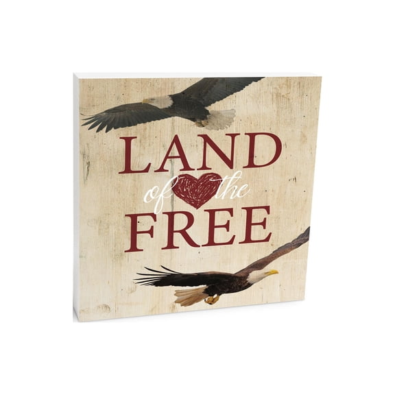 Land Of The Free Tan Woodgrain Eagles 10 x 10 Wood Tabletop Sign Plaque