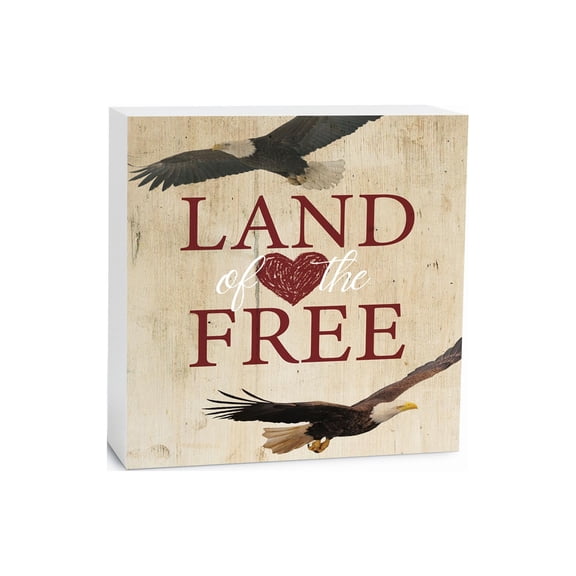Land Of The Free Tan Woodgrain Eagles 5 x 5 Wood Tabletop Sign Plaque
