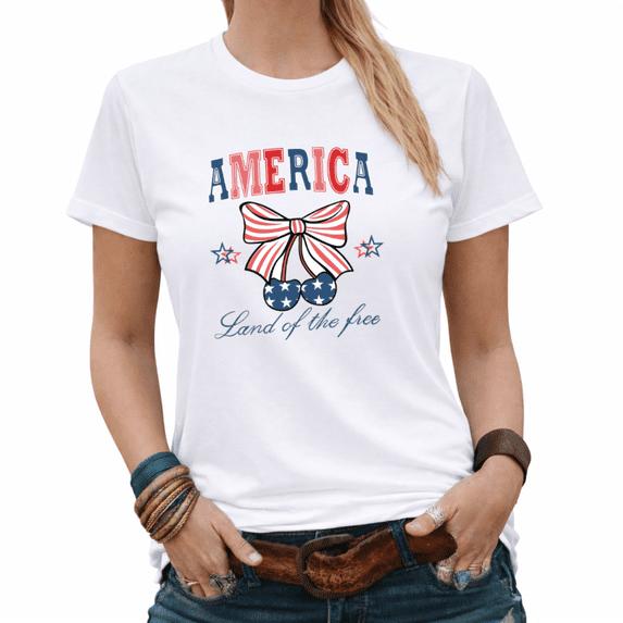 Land Of The Free USA Flag Coquette Bow Graphic Tees Women's Independence Day Patriotic Shirt
